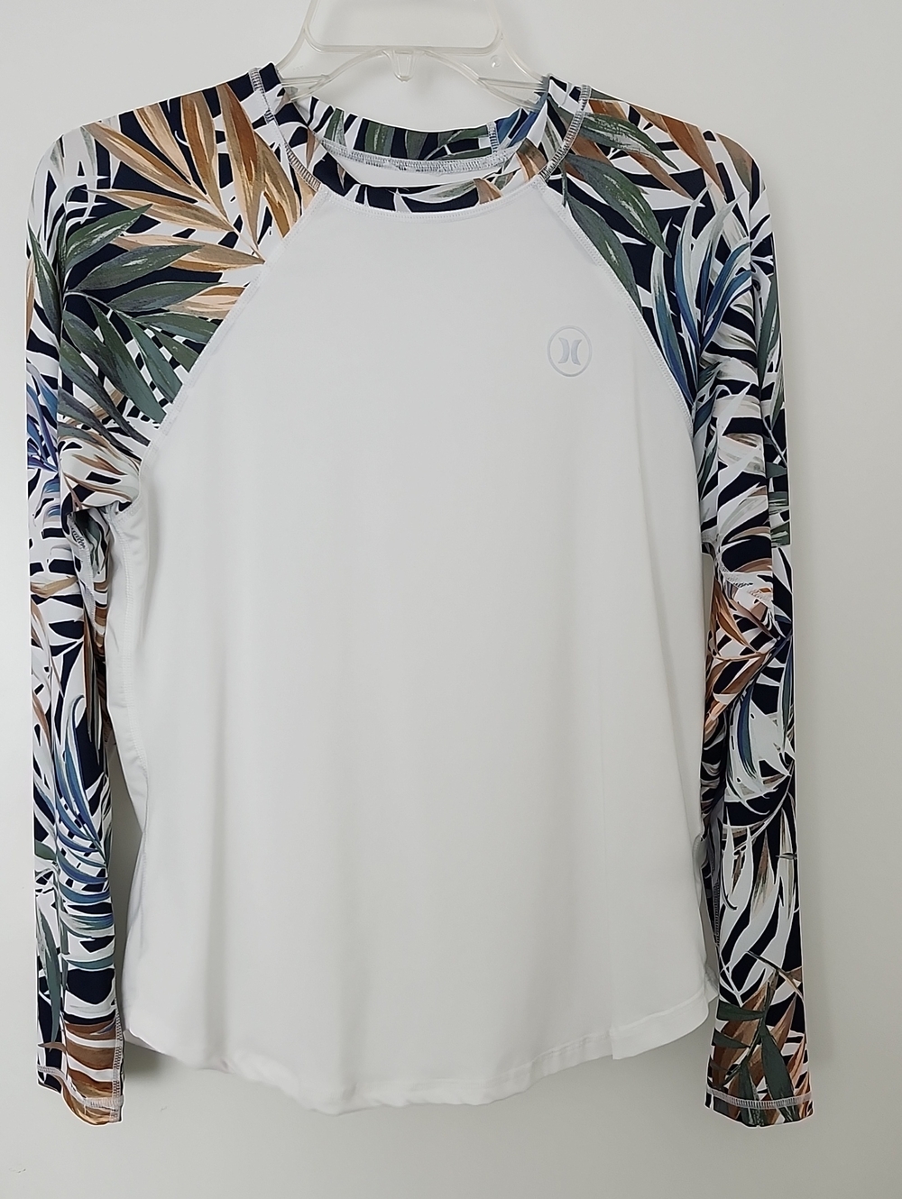 Hurley Women’s White Rash Guard with Tropical Print Raglan Sleeves